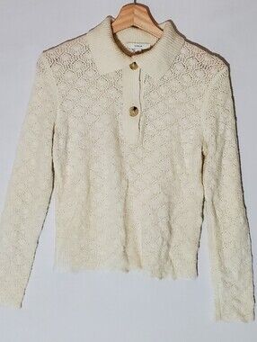 Vince Lace Open Knit Polo Button Scalloped Cottagecore Small Wool Cashmere Ivory